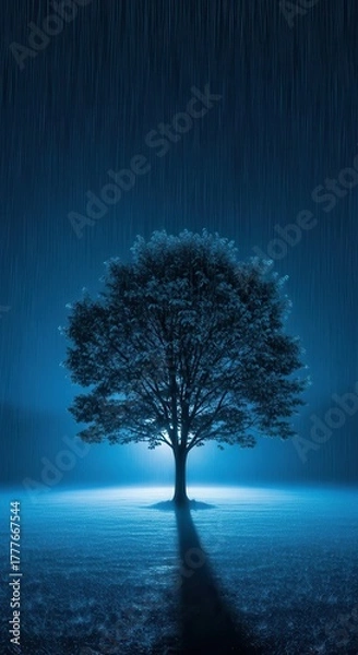 Obraz Monochromatic serenity single tree standing in field under a rainy night