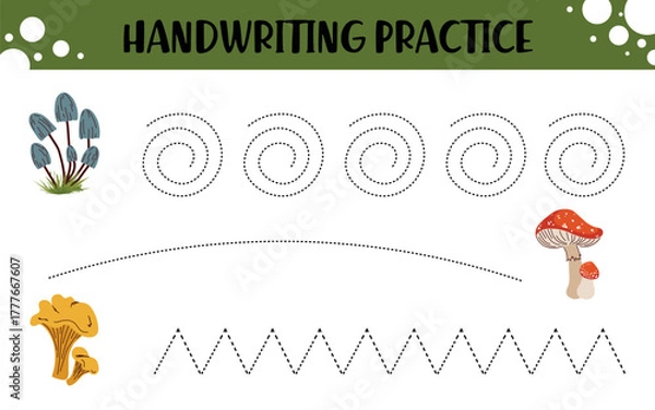 Fototapeta Mushroom Tracing Practice for Kids – Prewriting Worksheet