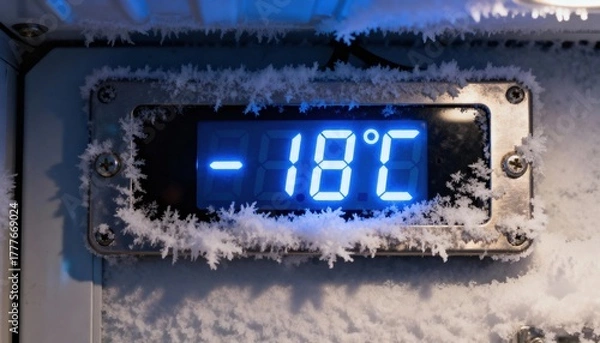 Fototapeta Freezing Point Display: A digital display reads -18°C, covered in icy frost, vividly illustrating the freezing temperature.
