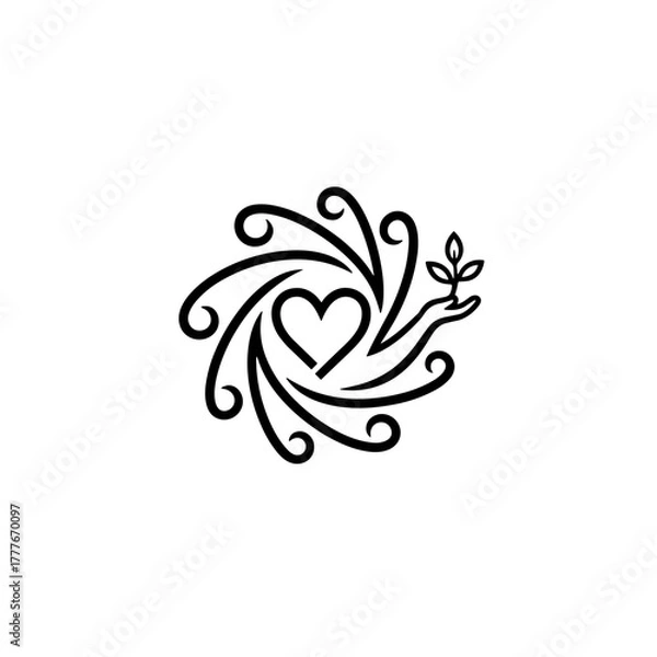 Fototapeta Abstract line art design with heart and hand holding a plant  