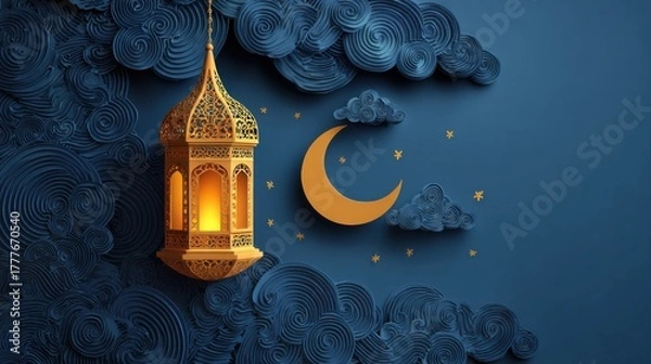 Fototapeta golden lantern crescent moon night sky