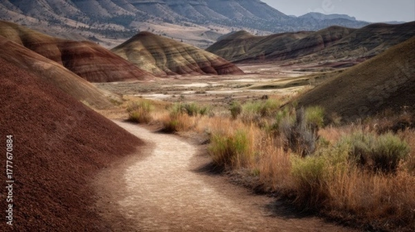 Fototapeta colorful layered desert hills walking path