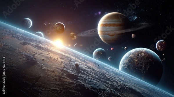 Fototapeta Diverse planets glowing in dark cosmos