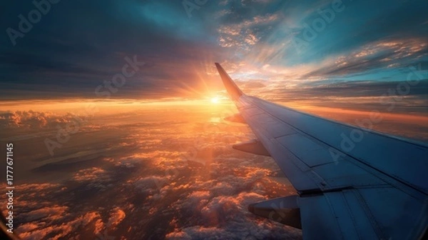 Obraz airplane wing flying through vibrant sunset