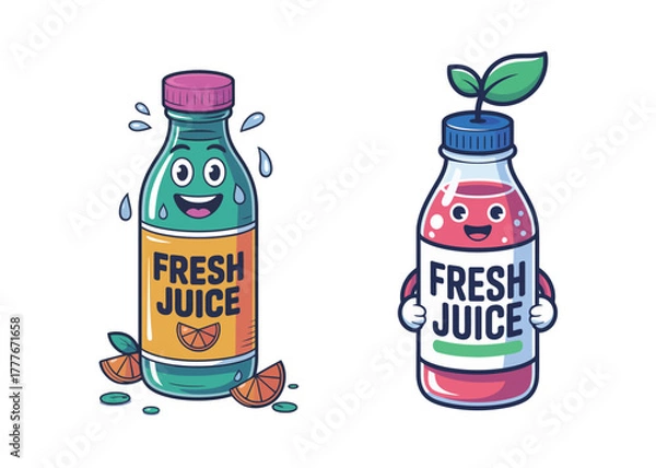 Fototapeta Happy cartoon juice bottles offering a refreshing taste and vibrant energy for your next healthy living project