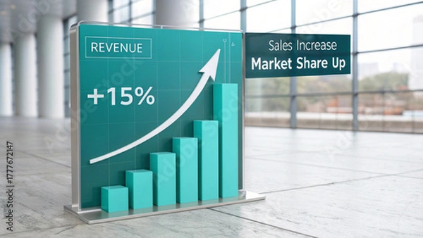 Fototapeta "Dynamic teal 3D bar chart illustration with motion light effects, arrow glowing with ‘Business Growth’, ‘Market Uptrend’, and ‘Success +20%’ text. Financial analytics concept. Transparent PNG render.