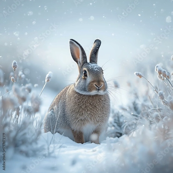Obraz Peaceful Rabbit in Snow with Falling Winter Flakes