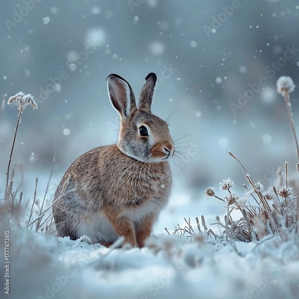 Obraz Rabbit in Frosty Field with Snow-Dusted Grasses