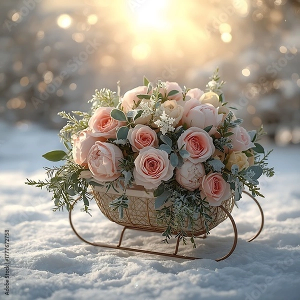 Fototapeta Woven Sleigh with Roses in Glowing Snowy Scene