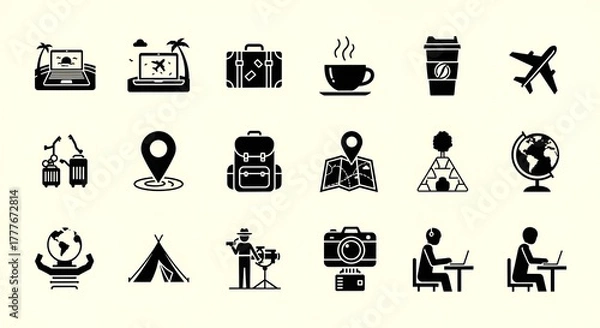 Fototapeta Collection of travel and work icons depicting remote work and vacation elements in black silhouette style