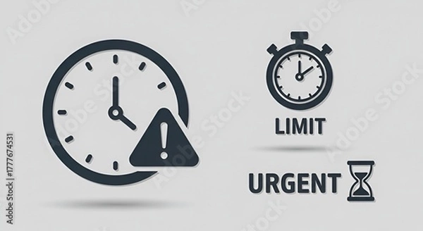 Fototapeta Clock and timer icons with limit and urgent text on a light gray background illustration