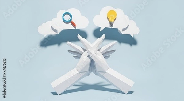 Fototapeta Paper hands reaching up with speech bubbles containing a light bulb and a magnifying glass above them