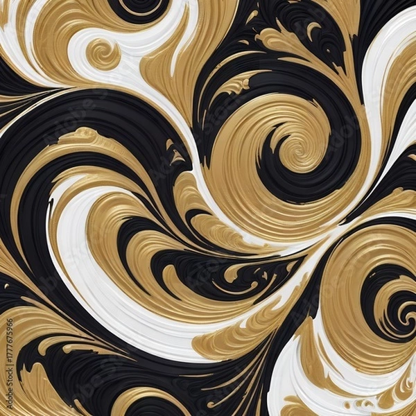 Obraz Swirling abstract texture with black white and gold liquid paint brush strokes Pattern