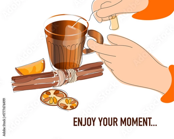 Fototapeta Mental health. Enjoy your moment. Relaxing, Drink tea, enjoy freedom, peace and solitude concept. Vector