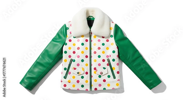 Fototapeta A jacket with green sleeves and a white body covered in colorful polka dots with a fluffy white collar
