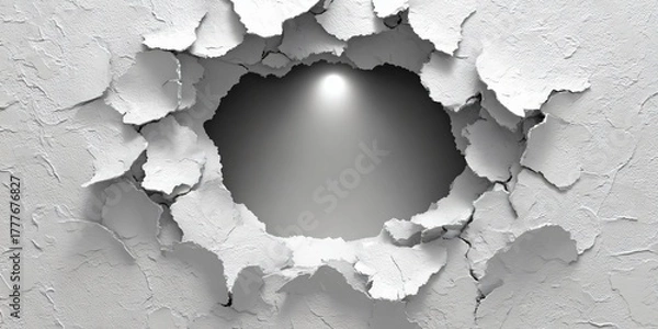 Fototapeta White textured wall with a large, dramatic hole revealing a bright light source illuminating the empty space within