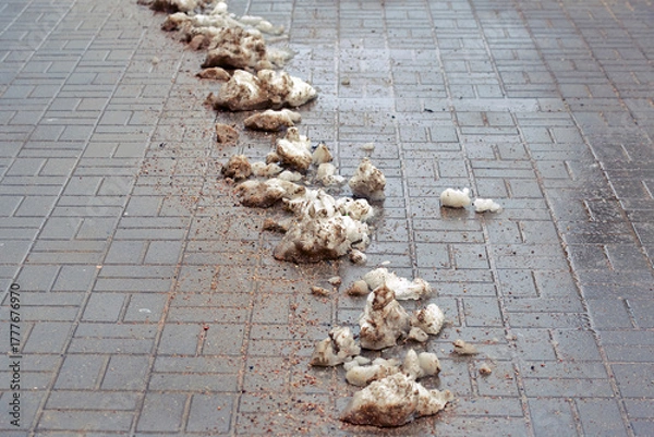 Obraz Dirty melting snow with sand and salt residue along sidewalk, thawing slush after municipal winter cleaning operation. Snow trail on pavement, thaw process and winter residue after plowing and sanding