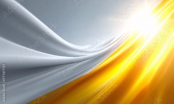 Fototapeta Dynamic abstract flowing silver and golden waves with bright light flare, representing elegance, speed, and digital transformation background.