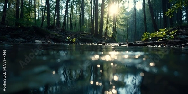 Obraz Sunlight filtering through tall trees onto a clear stream with shimmering reflections