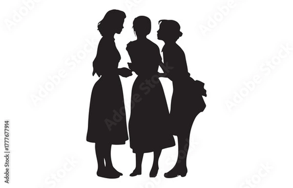 Fototapeta A silhouette of a comforting scene with three women sharing support. One woman embraces another, showing concern and empathy. The friendship and support among the women is highlighted. The distressed 
