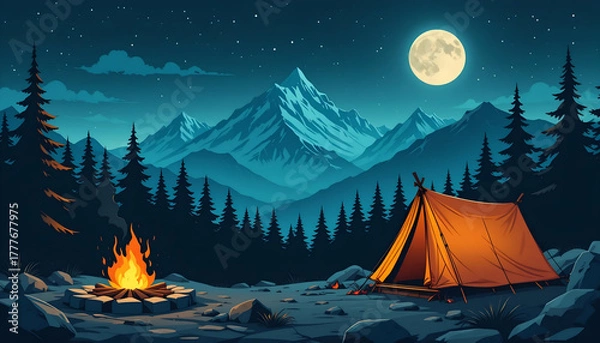 Obraz Digital Illustration of a Bright Orange Tent and Campfire Under a Full Moon and Starry Night Sky with Pine Trees and Blue Mountain Layers, Concept for Adventure, Wilderness Travel, or Background