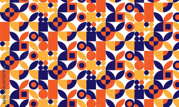 Fototapeta Seamless Geometric Abstract Pattern with Retro Shapes and Bold Colors – Modern Mid-Century Background in Orange, Navy Blue, and Yellow for Textile, Wallpaper, and Graphic Design