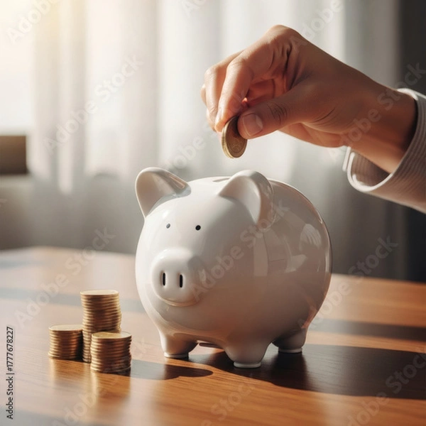 Fototapeta Close-up of a hand inserting a gold coin into a white piggy bank, with stacks of coins on a wooden table, symbolizing savings, investment, and financial planning.
