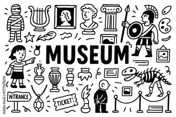 Obraz Museum doodle composition with statues, artifacts, paintings, and historical objects, Transparent Background