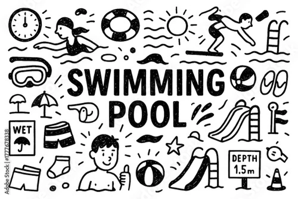 Obraz Swimming pool doodle composition with swimmers, float rings, and summer leisure icons, Transparent Background
