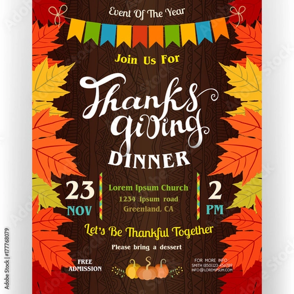 Fototapeta Thanksgiving dinner poster template with border from autumn leaves of maple.