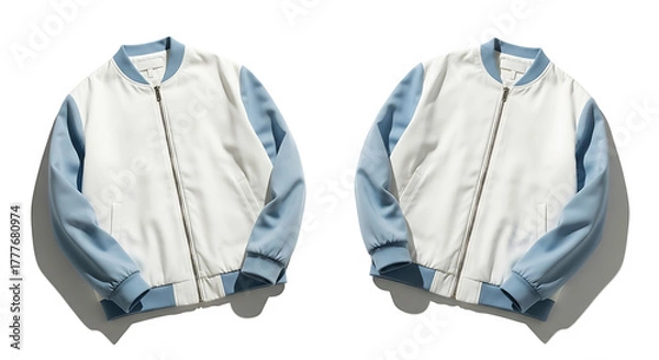 Fototapeta Two white and light blue bomber jackets with zippers on a white background studio shot