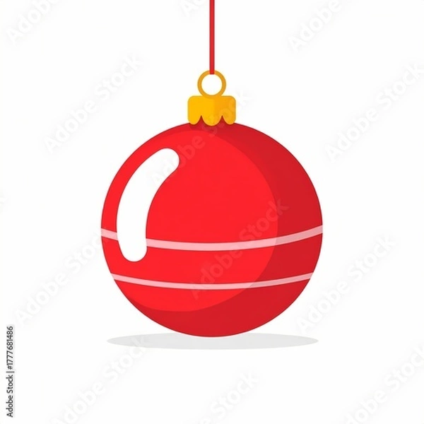 Obraz Red Christmas tree ornament ball with stripes hanging on a string isolated on a white background.
