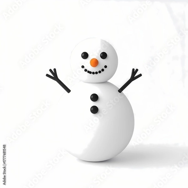 Fototapeta Minimalist snowman with black eyes and orange nose on white background.