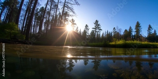 Fototapeta Sunbeams filter through tall trees onto a calm river with reflections and underwater view