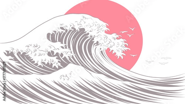 Obraz 赤い太陽と鳥、葛飾北斎の浮世絵風の大きな波