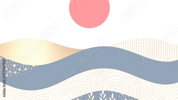 Obraz 金と青の波と赤い太陽、モダンでシンプルな和風背景