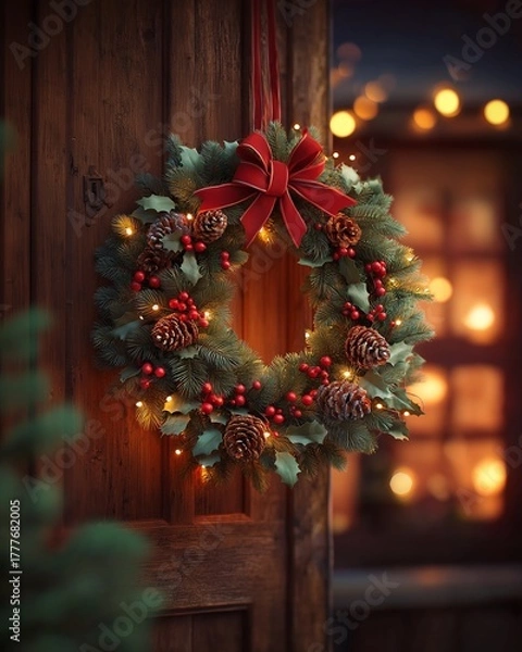 Fototapeta 木製のドアに飾られた伝統的なクリスマスリースとイルミネーション