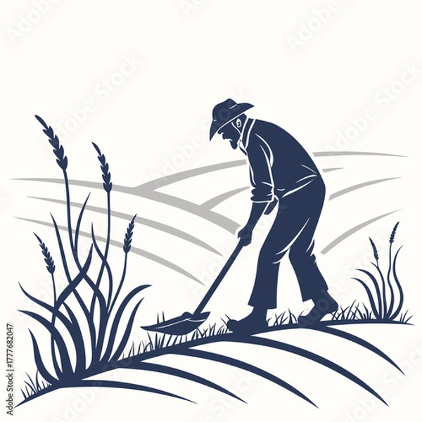 Obraz Silhouette of a farmer tilling the field with a hoe
