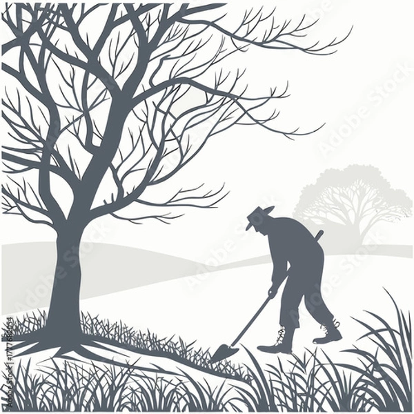 Obraz Silhouette of a farmer working the land with a shovel near a bare tree
