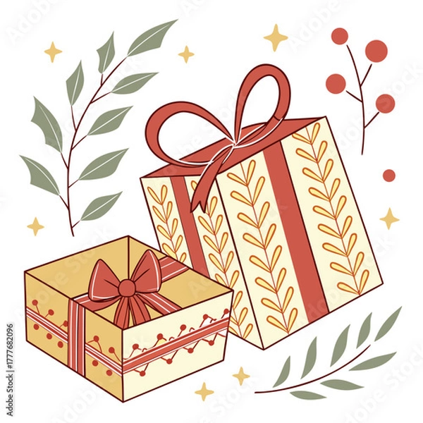 Obraz Gift boxes with ribbon and decorative leaves