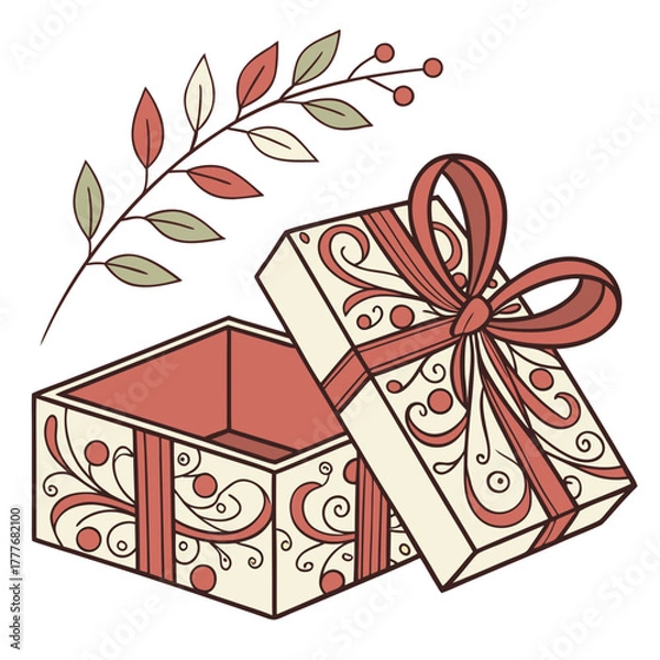 Obraz Elegant open gift box with red ribbon and branch