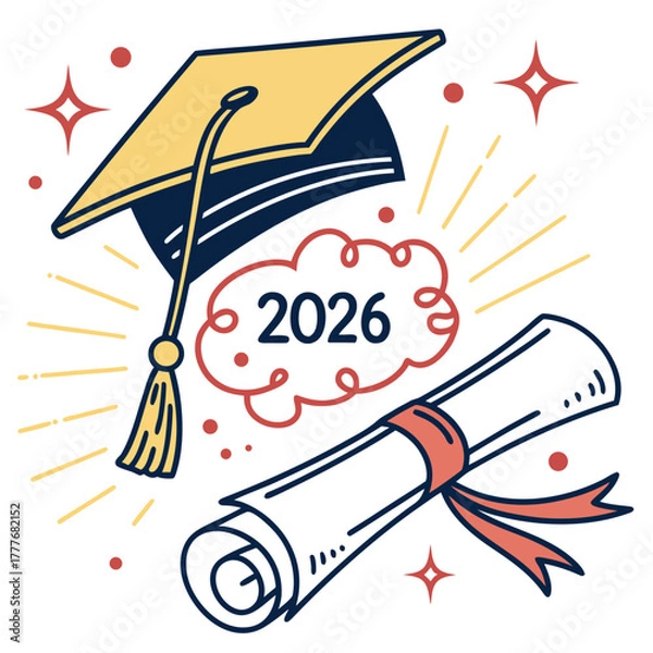 Obraz Colorful graduation cap and diploma illustration