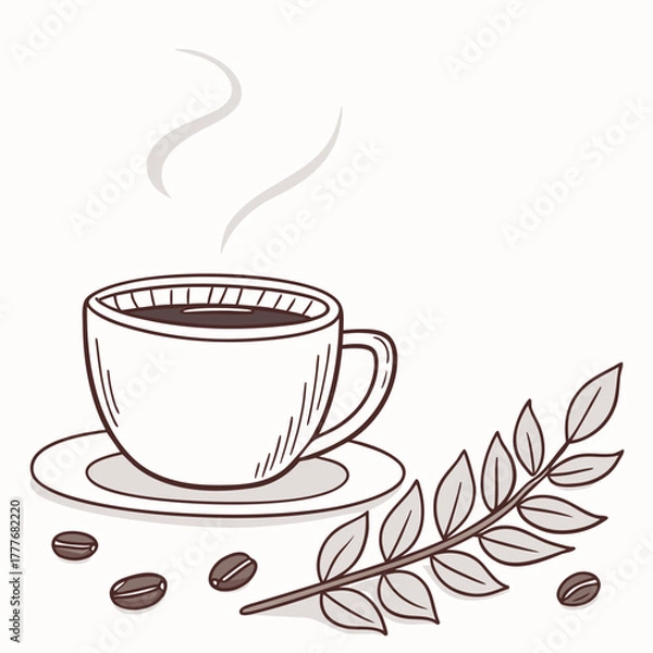 Obraz A cup of coffee with coffee beans and branch