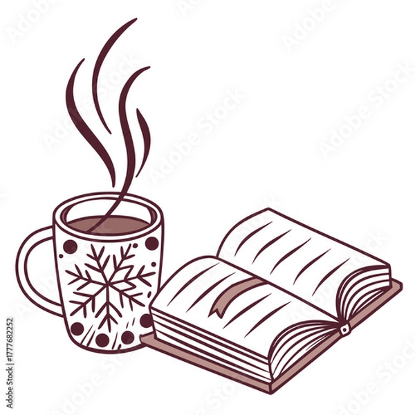Obraz Cozy winter scene with a steaming mug and an open book