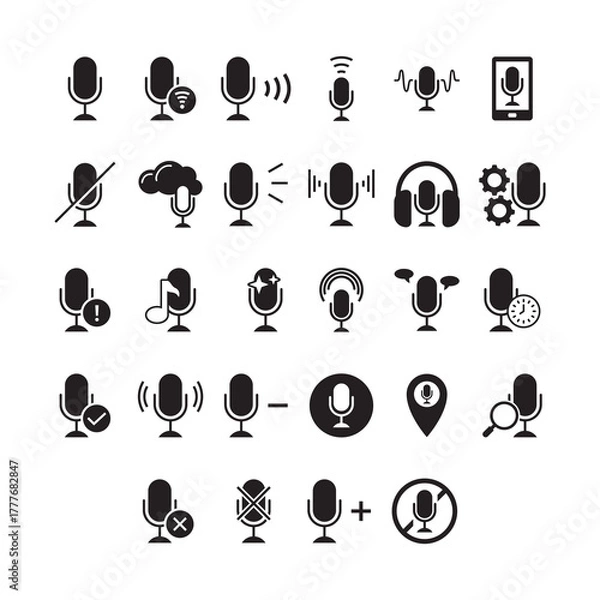 Fototapeta Comprehensive Bold Solid Microphone and Audio Icon Set