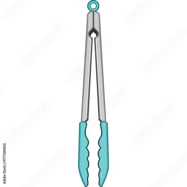 Fototapeta A Pair Of Silver And Teal Kitchen Tongs With A Hanging Loop On A White Background