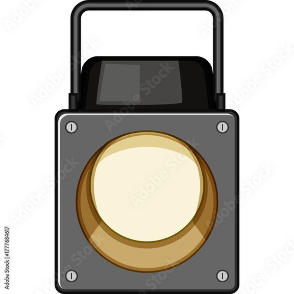 Fototapeta A pixel art illustration of a vintage spotlight with a black top and a circular light source emitting a warm yellow glow against a transparent background