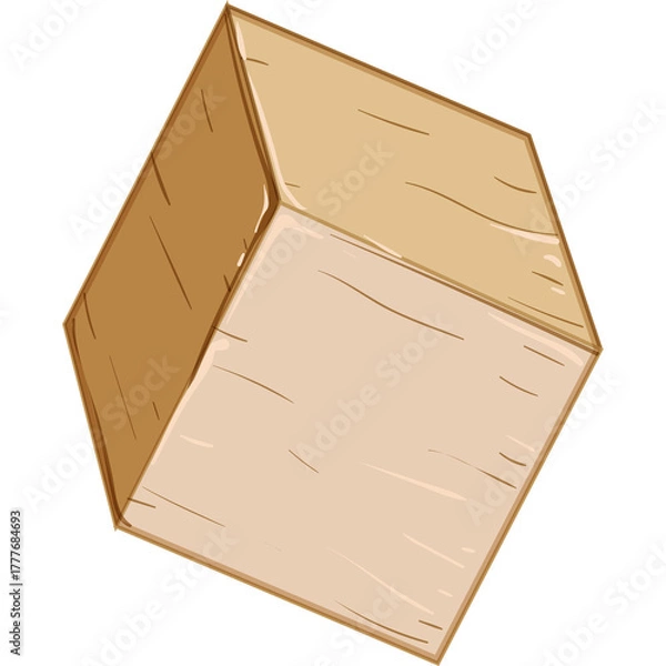 Fototapeta A Simple Three Dimensional Cube Drawn With Outline In A Hand Drawn Style The Cube Appears Light Brown And Beige With Thin Dark Lines Representing Wood Grain On A Transparent Background