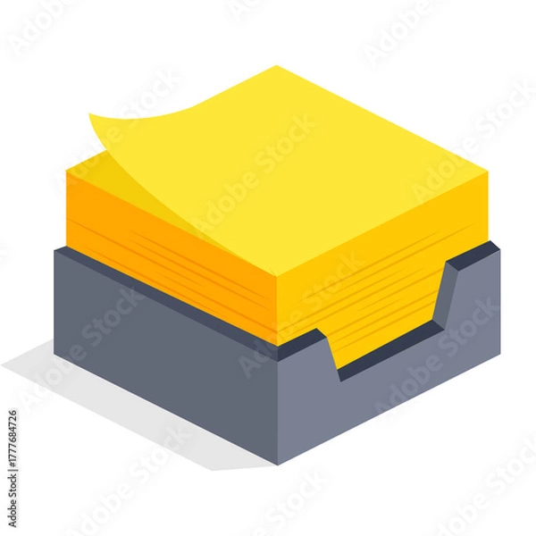 Fototapeta A Stack Of Bright Yellow Sticky Notes In A Dark Grey Dispenser With A Transparent Background And Soft Shadow