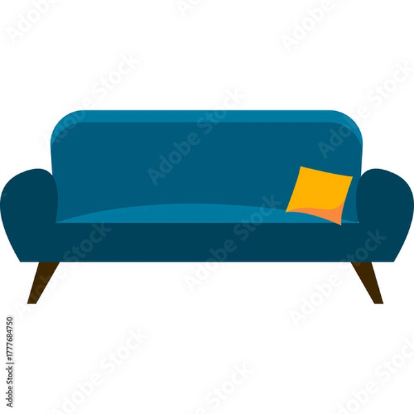 Fototapeta A stylish teal blue two-seater sofa with a bright orange accent pillow placed centrally on a white transparent background with four tapered brown legs
